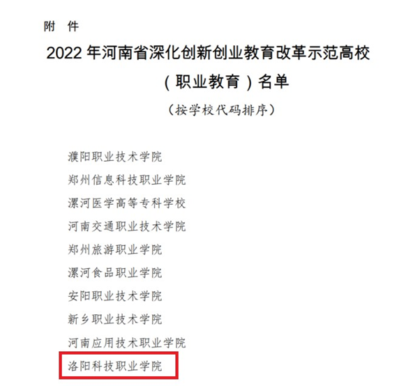 洛阳科技职业学院 洛阳科技职业 洛阳 科技 职业学院 职业 学院 2022 20 22 河南省 河南 深化 创新创业 创新 新创 创业 教育改革 教育 改革 示范 高校 职业教育